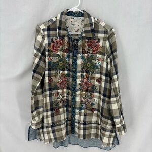 John Mark Plaid Patchwork Embroidered Button Front Shirt Womens Medium